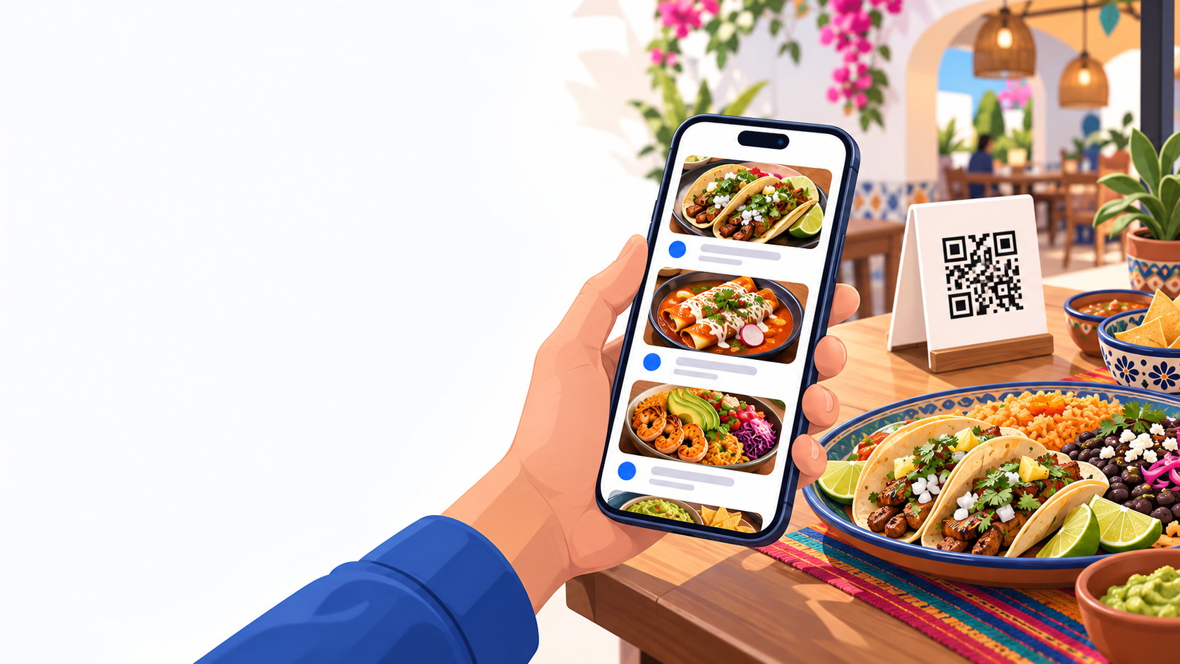 Comensal escaneando el menú digital de Surova desde su teléfono en la mesa de un restaurante mexicano
